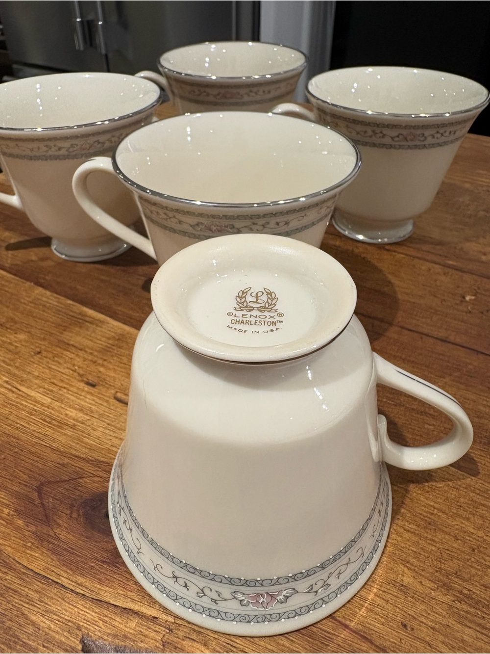 Lenox Charleston Cream Mugs with Silver Trim and Gray Floral Band - Set of 5